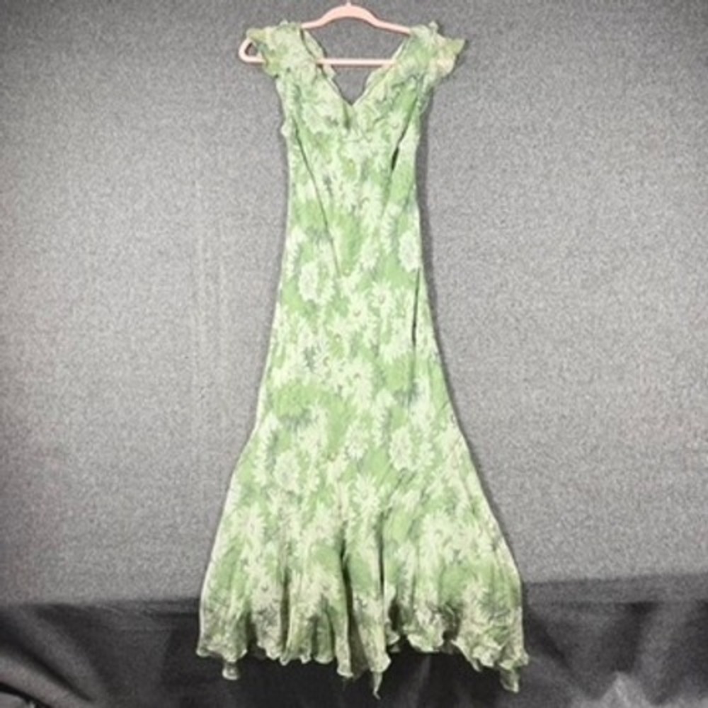 Y2K Robbie Bee Silk Floral Maxi Dress Green Ruffle Beaded Size 12 Fairycore